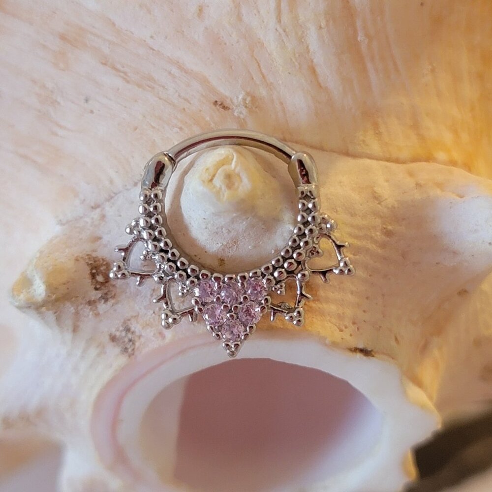 16G Pink heart with accent hearts hinged septum ring